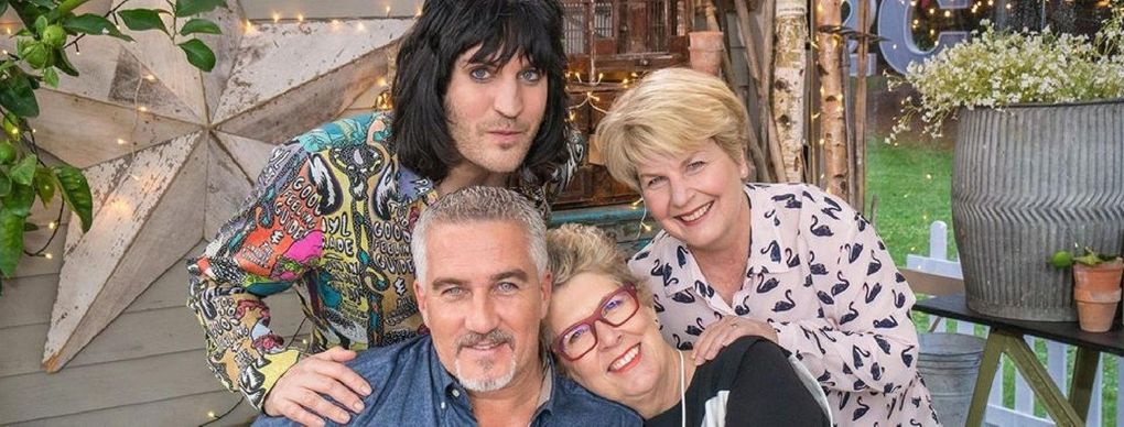 “The Great British Baking Show” features, clockwise from top left, Noel Fielding, Sandi Toksvig, Prue Leith and Paul Hollywood, though different seasons feature different hosts and judges. (Courtesy of Netflix)