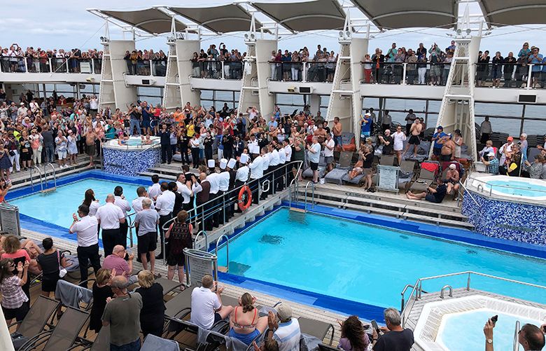 everal hundred people participate in the “salute to healthcare workers of the world” on the deck of the Celebrity Eclipse on March 21. MUST CREDIT: Photo courtesy of Vivian Miller