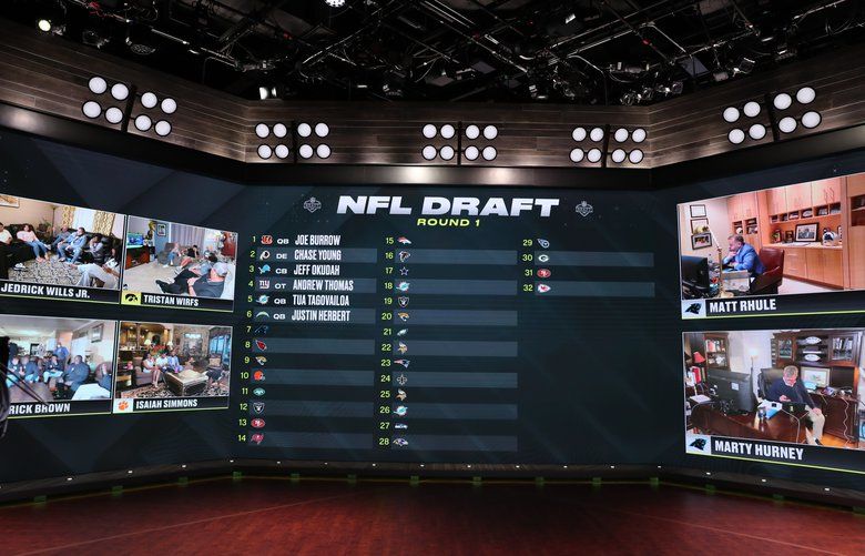 In a photo provided by ESPN Images, the first six selections in the NFL draft are displayed during ESPN’s coverage of the NFL football draft, Thursday, April 23, 2020, in Bristol, Conn. (Allen Kee/ESPN Images via AP) NHDB813 NHDB813
