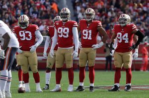 Santa Clara, CA. 16th Dec, 2018. San Francisco 49ers defensive tackle  DeForest Buckner (99) isa able to drag down Seattle Seahawks quarterback  Russell Wilson (3) during the NFL football game between the