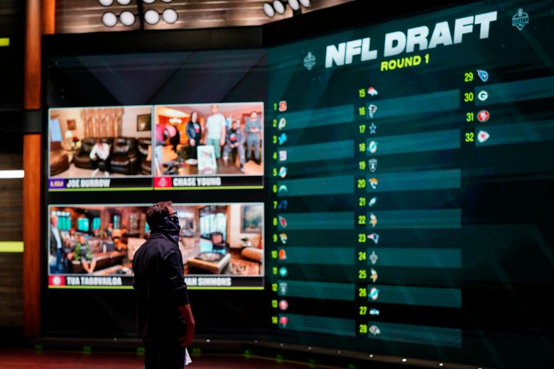 In a photo provided by ESPN Images, the draft board is seen before the start of the NFL football draft, Thursday, April 23, 2020, in Bristol, Conn. (Allen Kee/ESPN Images via AP)