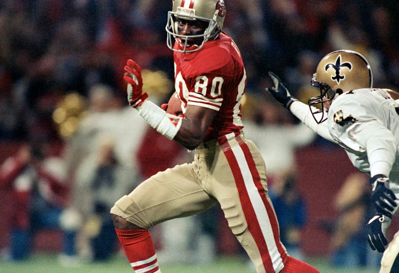 Wide receiver Jerry Rice of the San Francisco 49ers catches a pass