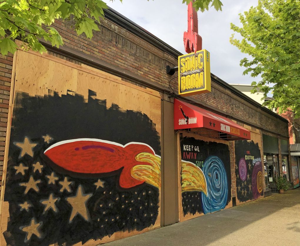 Sonic Boom Records in Ballard will offer curbside pickup orders in accordance with Gov. Jay Inslee’s four-phase plan to reopen Washington’s economy. “I’ll be excited to have the boards off the place and the lights on,” owner Mike Pitts says. (Courtesy of Mike Pitts)
