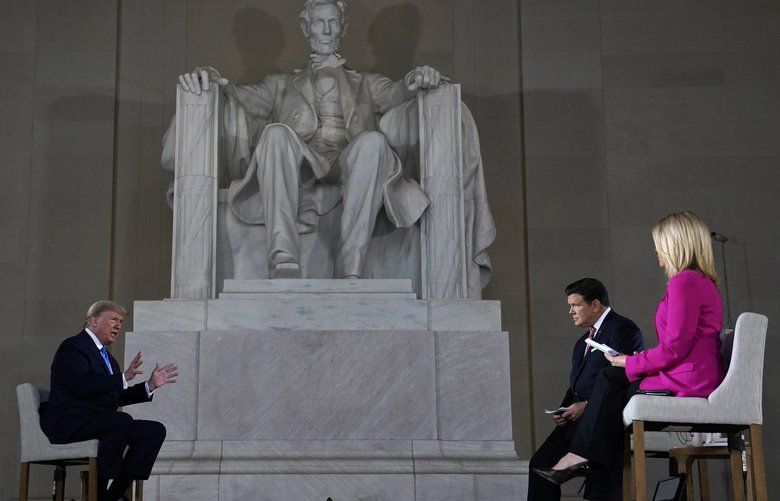 President Donald Trump speaks during a Fox News virtual town hall from the Lincoln Memorial, Sunday, May 3, 2020, in Washington, co-moderated by FOX News anchors Bret Baier and Martha MacCallum. (AP Photo/Evan Vucci) DCEV416 DCEV416