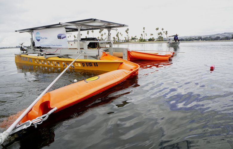 The FRED is a solar-powered catamaran that uses a conveyor belt to extract waste from the near surface of the water. MUST CREDIT: Photo for The Washington Post by Sandy Huffaker