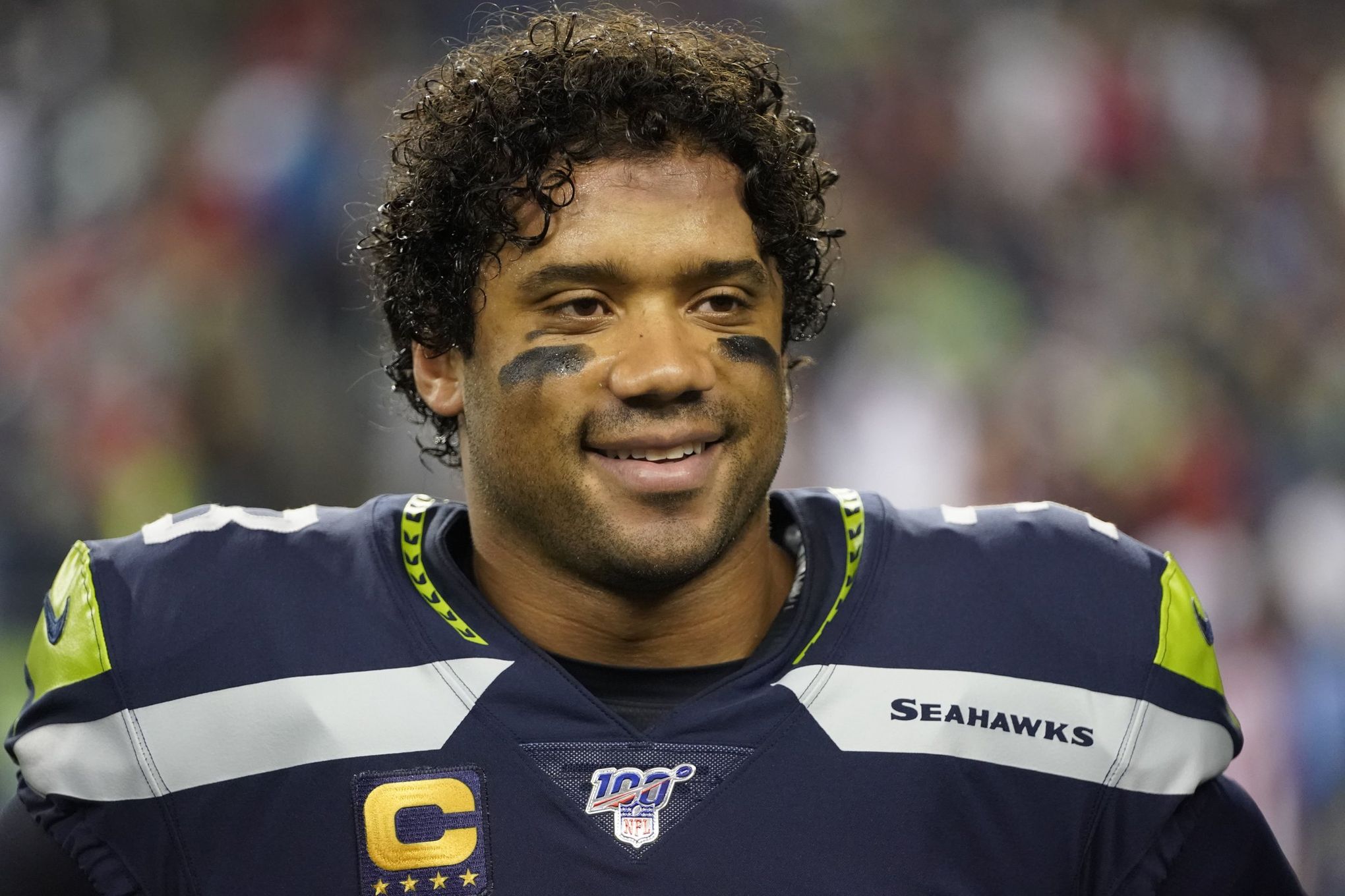 Seattle Seahawks quarterback Russell Wilson (3) warms up before an NFL  football game against the Cleveland Browns, Sunday, Oct. 13, 2019, in  Cleveland. The Seahawks won 32-28. (AP Photo/David Richard Stock Photo -  Alamy