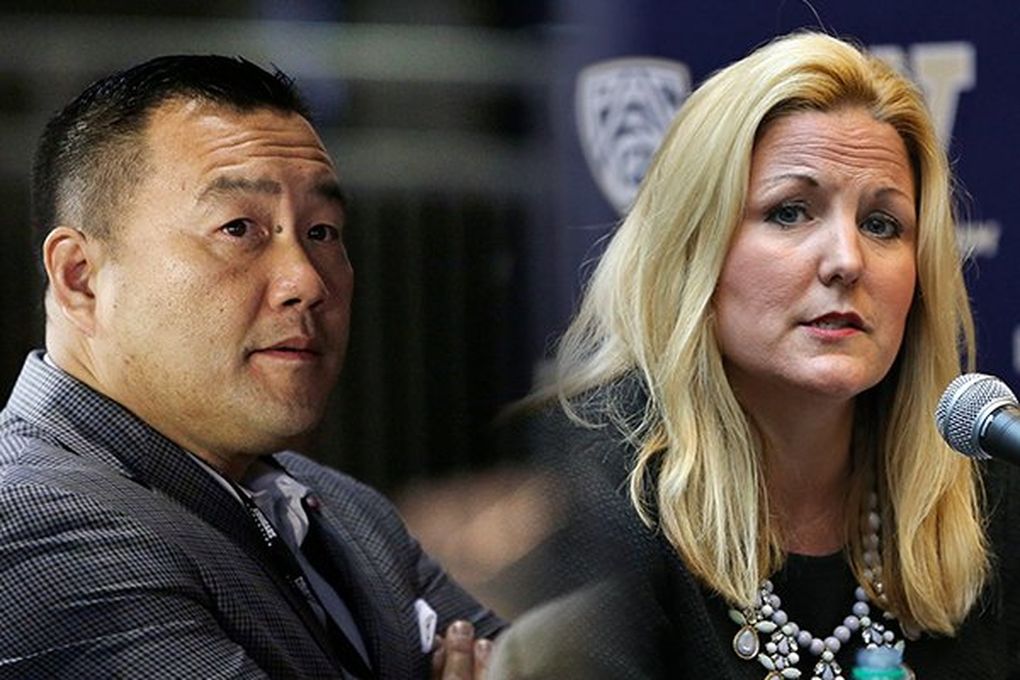 Pat Chun, WSU athletic director, and Jennifer Cohen, UW athletic director. (AP / The Seattle Times)