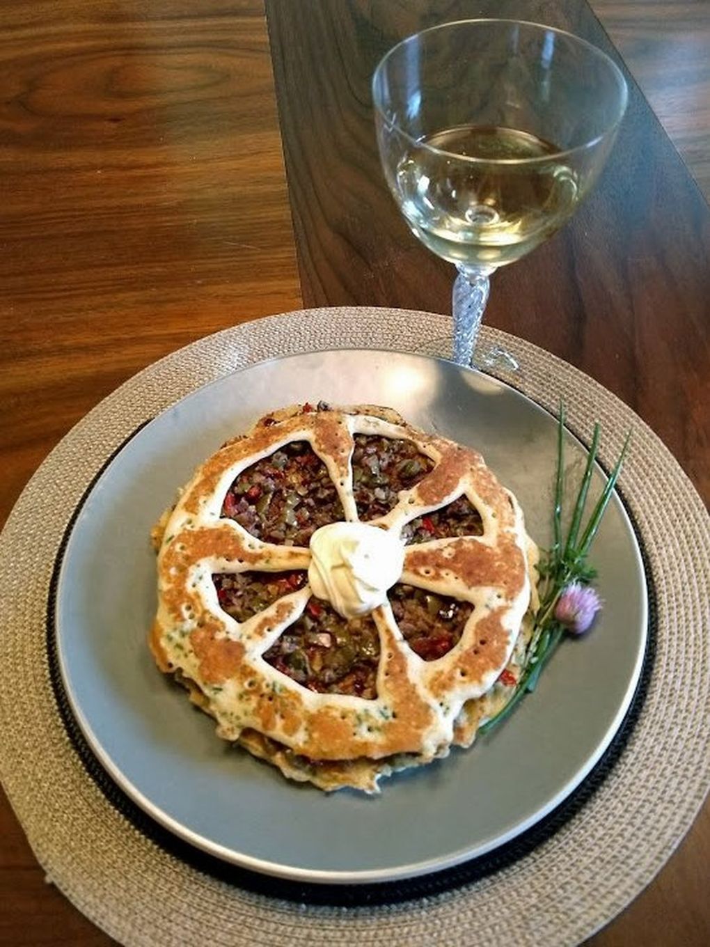 Pandora Touart and Tom Whitaker decided to stick with your basic concept of a stuffed pancake, but fancied it up with an olive tapenade and a filigree top. (Pandora Touart)