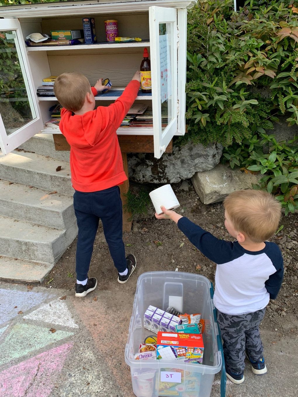Chelsea Dziedzic’s sons stock their Mount Baker “library” with books, toilet paper and food. The family put up the book-sharing box after the coronavirus outbreak. (Chelsea Dziedzic)