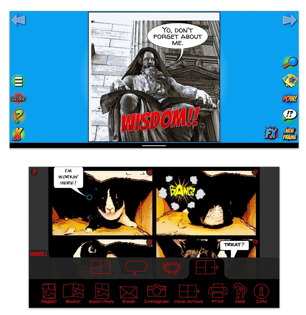 Both Comic Strip Pro for Android, top, and ComicBook for iOS offer a library of filters, stickers and word balloons that can be customized to convert photos into comic panels. (J.D. Biersdorfer / The New York Times)