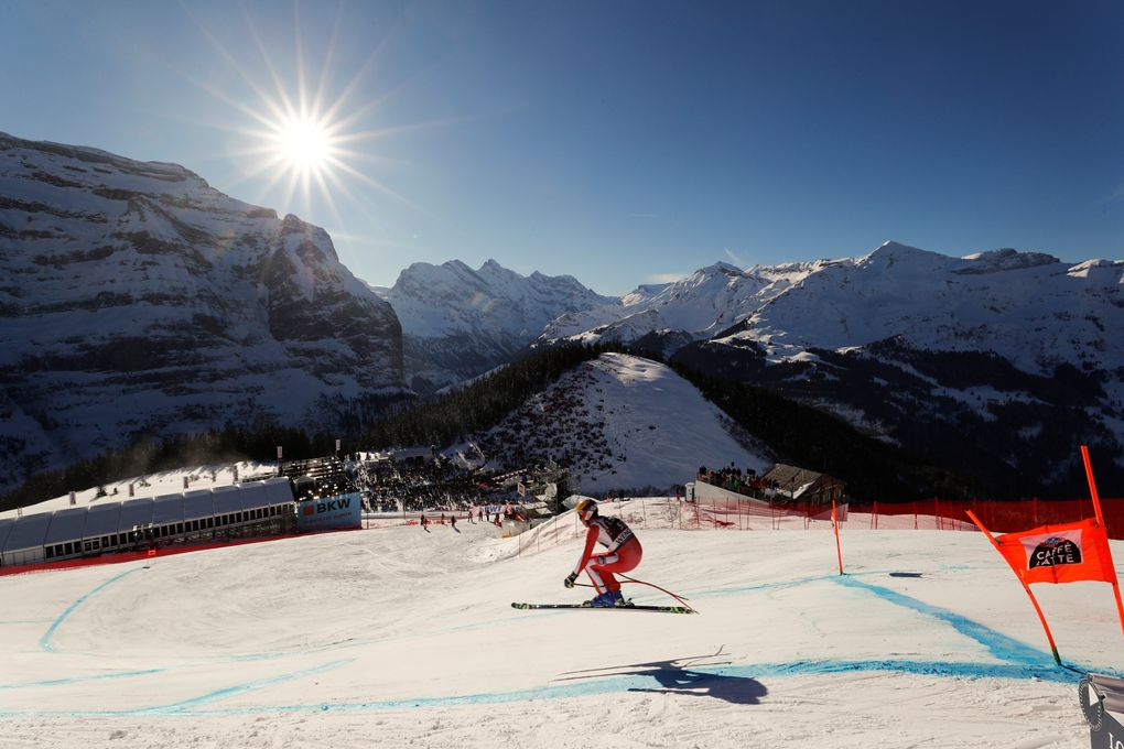 FILE – In this Saturday, Jan. 19, 2019 file photo, Monaco’s Arnaud Alessandria speeds down the course during an alpine ski, men’s World Cup downhill in Wengen, Switzerland. The signature Alpine skiing race in Switzerland is cancelled this year due to COVID-19.. (Gabriele Facciotti / The Associated Press)