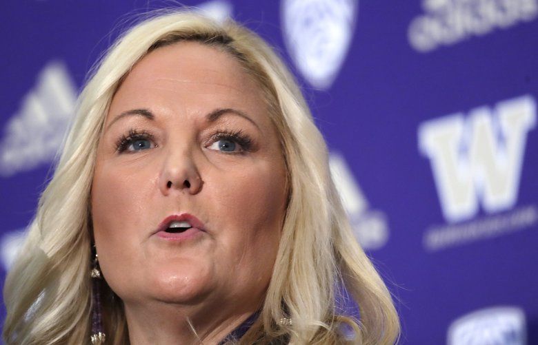 Washington athletic director Jen Cohen speaks during a news conference about football head coach Chris Petersen’s decision to resign, Tuesday, Dec. 3, 2019, in Seattle. Petersen unexpectedly resigned at Washington on Monday, a shocking announcement with the Huskies coming off a 7-5 regular season and bound for a sixth straight bowl game under his leadership. Petersen will coach Washington in a bowl game, his final game in charge. Defensive coordinator Jimmy Lake is being promoted to head coach. (AP Photo/Elaine Thompson) OTK