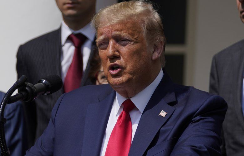 President Donald Trump speaks during a news conference in the Rose Garden of the White House, Friday, June 5, 2020, in Washington. White House chief economic adviser Larry Kudlow, left, and Labor Secretary Eugene Scalia, top right listen. (AP Photo/Evan Vucci) DCEV408 DCEV408
