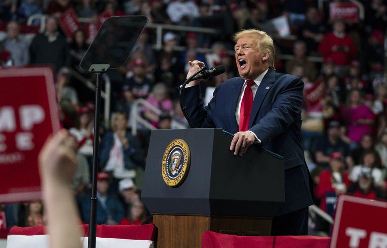FILE – In this March 2, 2020, file photo, President Donald Trump speaks during a campaign rally at Bojangles Coliseum in Charlotte, N.C. Google said state-based hackers have targeted the campaigns of both Trump and former Vice President Joe Biden, although it saw no evidence that the phishing attempts were successful. The company confirmed the findings after the director of its Threat Analysis Group, Shane Huntley, disclosed the attempts Thursday, June 4, 2020, on Twitter. (AP Photo/Evan Vucci, File) NYHK404 NYHK404