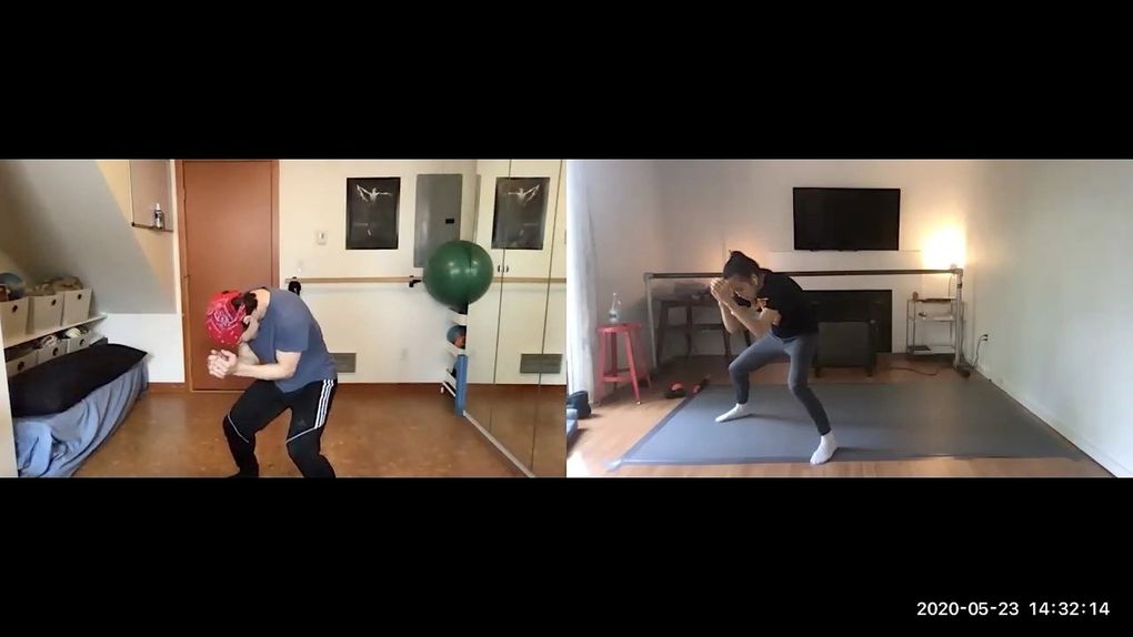 James Yoichi Moore and Noelani Pantastico, co-founders and artistic directors of Seattle Dance Collective, rehearse “The Space Between Us” remotely. (Courtesy of Seattle Dance Collective)