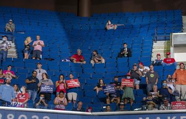 Supporters of President Donald Trump listen as he speaks at the BOK Center in Tulsa on Saturday, June 20, 2020, during his first campaign rally since March 2.  Many of the arena’s 19,000 seats remained empty as Trump spoke. (Doug Mills/The New York Times) XNYT139 XNYT139