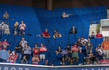 Supporters of President Donald Trump listen as he speaks at the BOK Center in Tulsa on Saturday, June 20, 2020, during his first campaign rally since March 2. Many of the arena’s 19,000 seats remained empty as Trump spoke. (Doug Mills/The New York Times) XNYT139 XNYT139