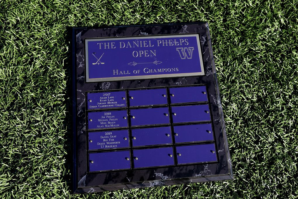 The awards plaque for the DP Open is seen on the pitch at Shoreline Stadium soccer field, Monday, July 13, 2020. (Ken Lambert / The Seattle Times)