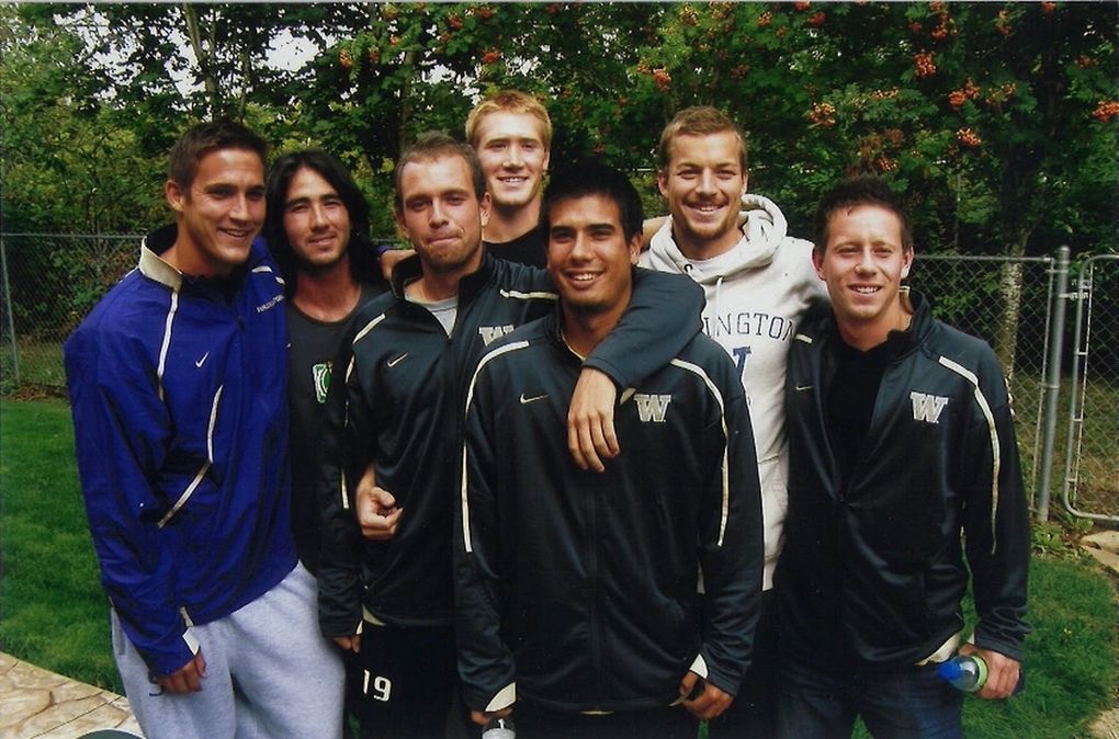 Former UW soccer player Daniel Phelps (middle, No. 19) died of sudden cardiac arrest in 2015. His Husky teammates have since started a charity golf tournament called the DP Open in his name. (Courtesy of / Adam Lang)