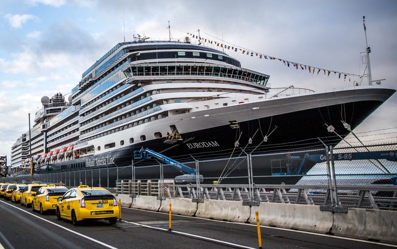 The Holland America cruise ship Eurodam, pictured in the Smith Cove Cruise Terminal in 2018, will be one of two sailing from Seattle when cruises resume. (Rebekah Welch / The Seattle Times)
