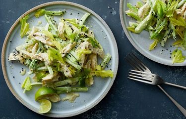 Chicken and celery salad with wasabi-tahini dressing in New York on July 15, 2020. Food Stylist: Barrett Washburne. A tahini-wasabi dressing finishes this any occasion recipe inspired, in part, by a Taiwanese-Chinese dish. (Bryan Gardner for The New York Times)  XNYT37