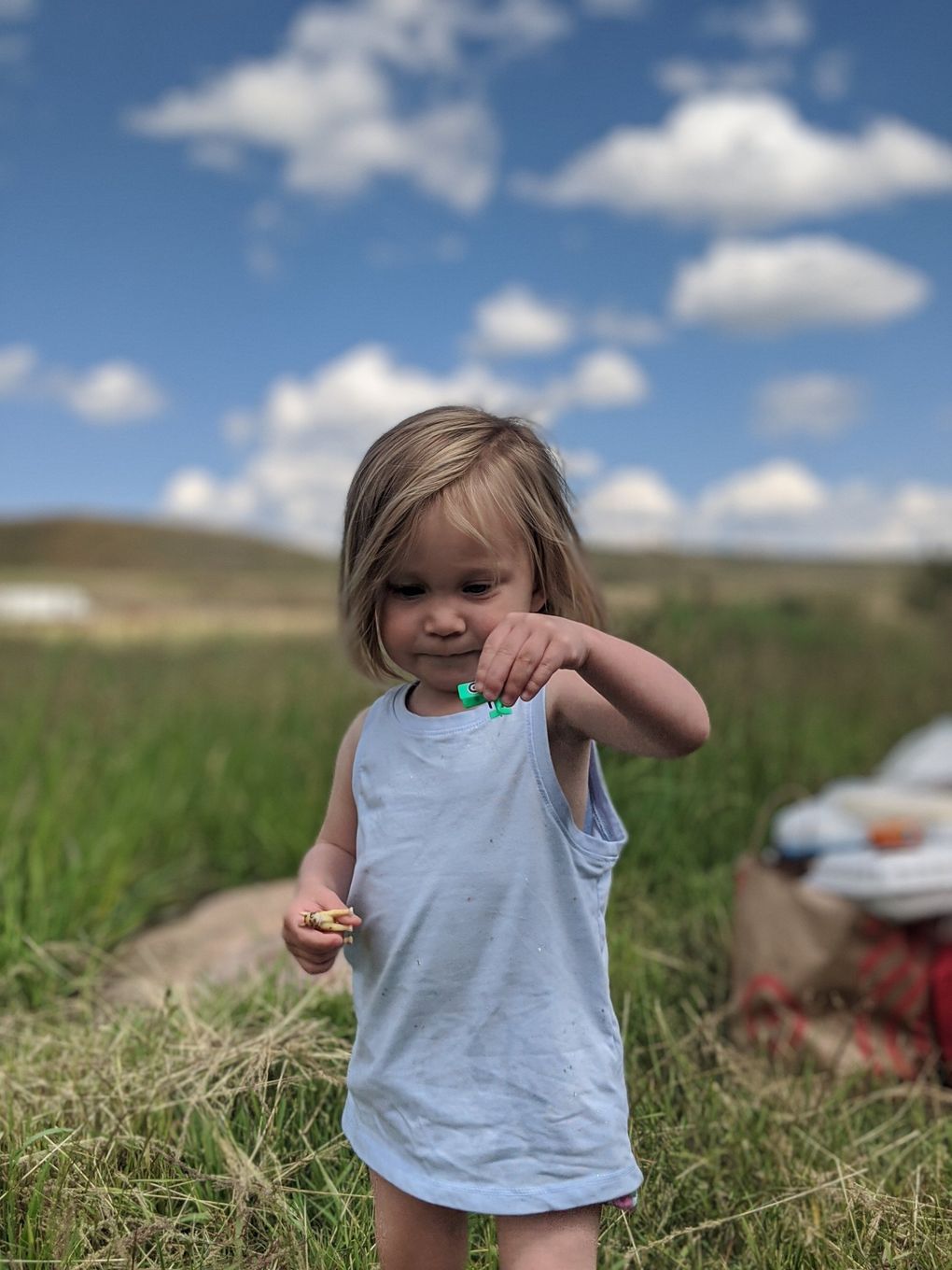 Nova Hutchinson plays with a toy airplane against the backdrop of rural Montana on a recent road trip. (Jackie Varriano / The Seattle Times)