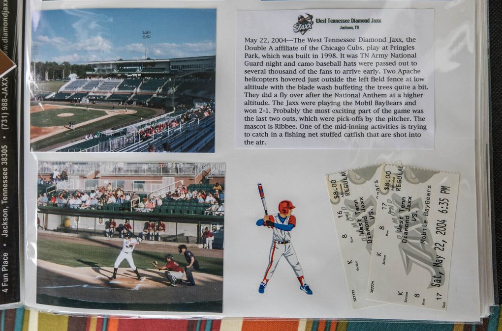 A page from the Siscels’ minor league scrapbook features the West Tennessee Diamond Jaxx of Jackson, Tennessee. (Steve Ringman / The Seattle Times)