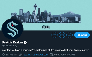 The Seattle Kraken’s Twitter bio reads “Now that we have a name, we’re strategizing all the ways to draft your favorite player.” (Twitter.com screenshot)