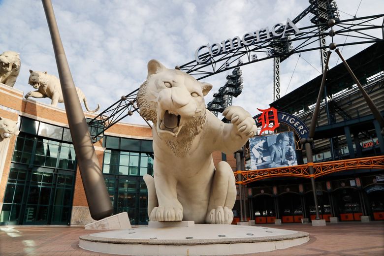 Comerica Park tigers  Lion sculpture, Baseball art, Photo art