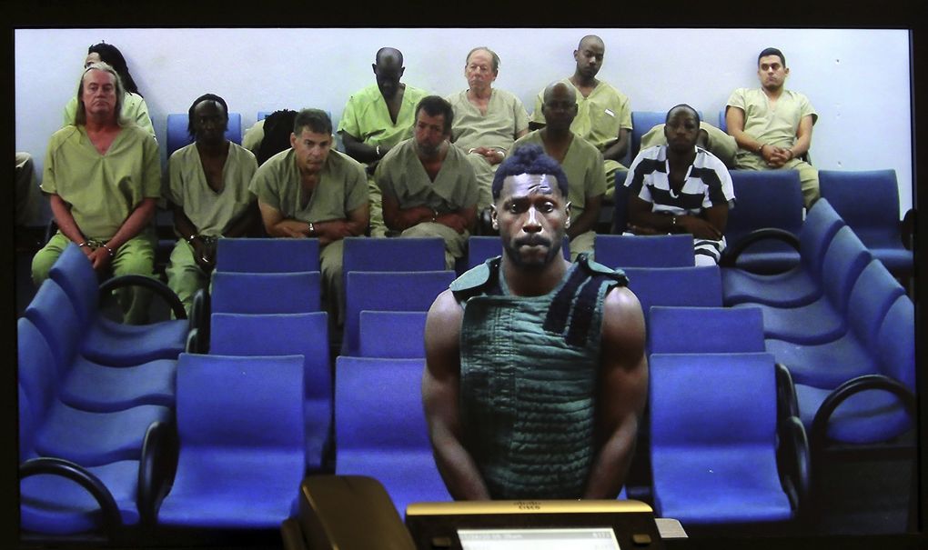 NFL free agent Antonio Brown appears at the Broward County Courthouse in Fort Lauderdale, Fla., via video link on Jan. 24, 2020. (Amy Beth Bennett / South Florida Sun Sentinel via AP, Pool)