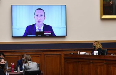 Facebook CEO Mark Zuckerberg testifies via videoconference before a hearing of the  House Judiciary Subcommittee on antitrust,  in Washington, on Wednesday, July 29, 2020. Tech executives were pressed on anticompetitive behavior during the hearing. (Mandel Ngan/Pool via The New York Times) — FOR EDITORIAL USE ONLY — XNYT131 XNYT131