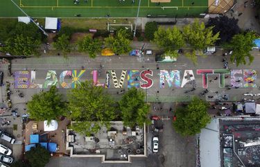 An aerial view of the Black Lives Matter mural on E. Pine, Sunday, June 14, 2020 in Seattle. Artists completed the mural Thursday night. The artwork is in the CHOP, after being renamed from the CHAZ. 214251