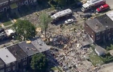 This photo provided by WJLA-TV shows the scene of an explosion in Baltimore on Monday, Aug. 10, 2020. Baltimore firefighters say an explosion has leveled several homes in the city.  (WJLA-TV via AP) MDTV101 MDTV101