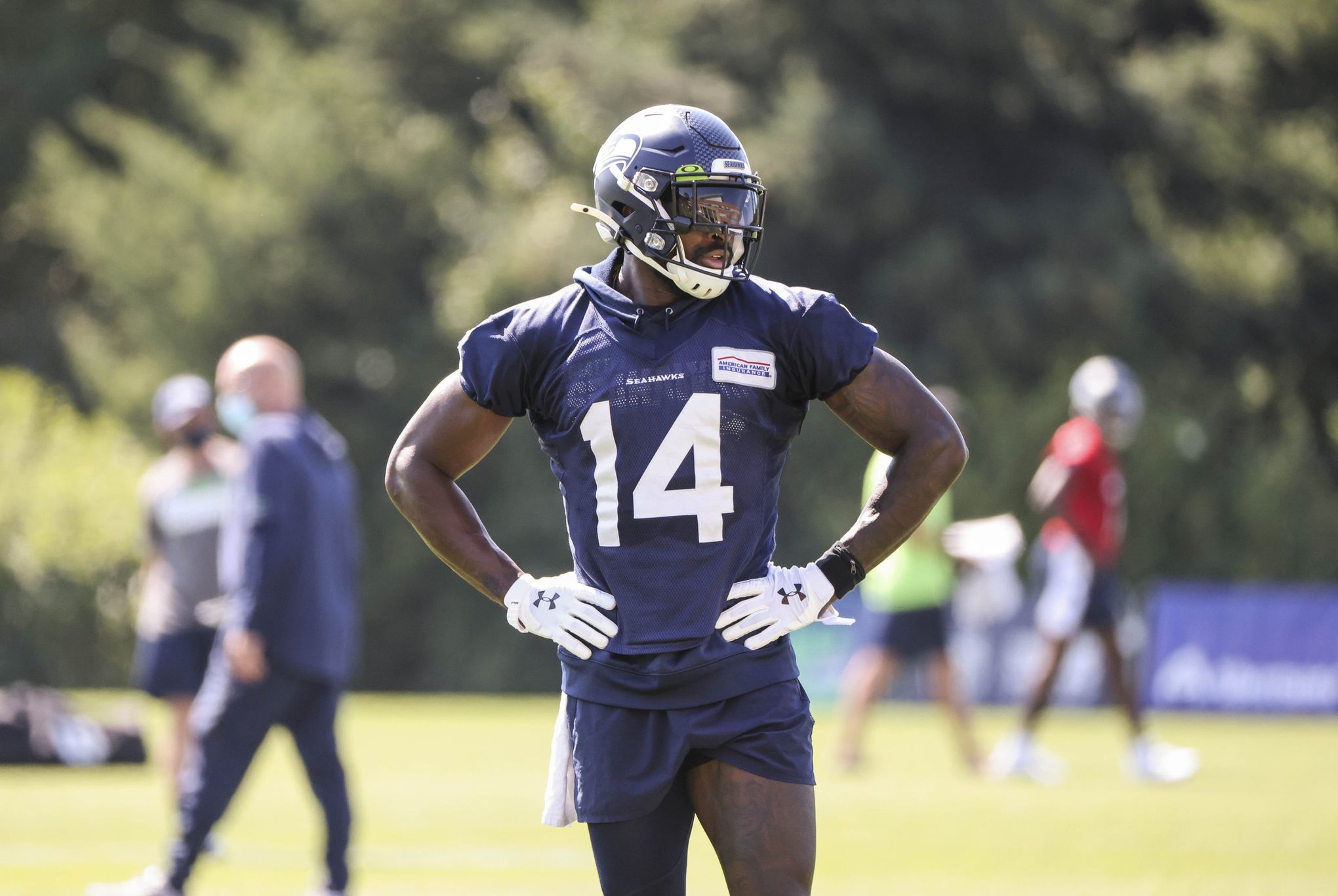 Seattle Seahawks wide receiver DK Metcalf smiles during the NFL football  team's training camp, Wednesday, Aug. 9, 2023, in Renton, Wash. (AP  Photo/Lindsey Wasson Stock Photo - Alamy