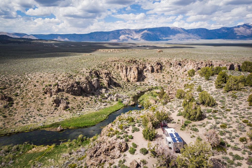 Ching Fu and Jerud Crandall typically pick remote areas to set up camp, like this California landscape, and often don’t need to go into town for several weeks.
(Ching Fu / Special to The Seattle Times)