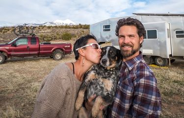 Pictured in Utah, Ching Fu (left), Jerud Crandall (right), and their dog Tyki have called their RV and their 1999 pickup truck home for five years. Last week their truck was stolen in Takoma.

the rv only photos were taken in california, and the photos of the couple were taken in Utah.