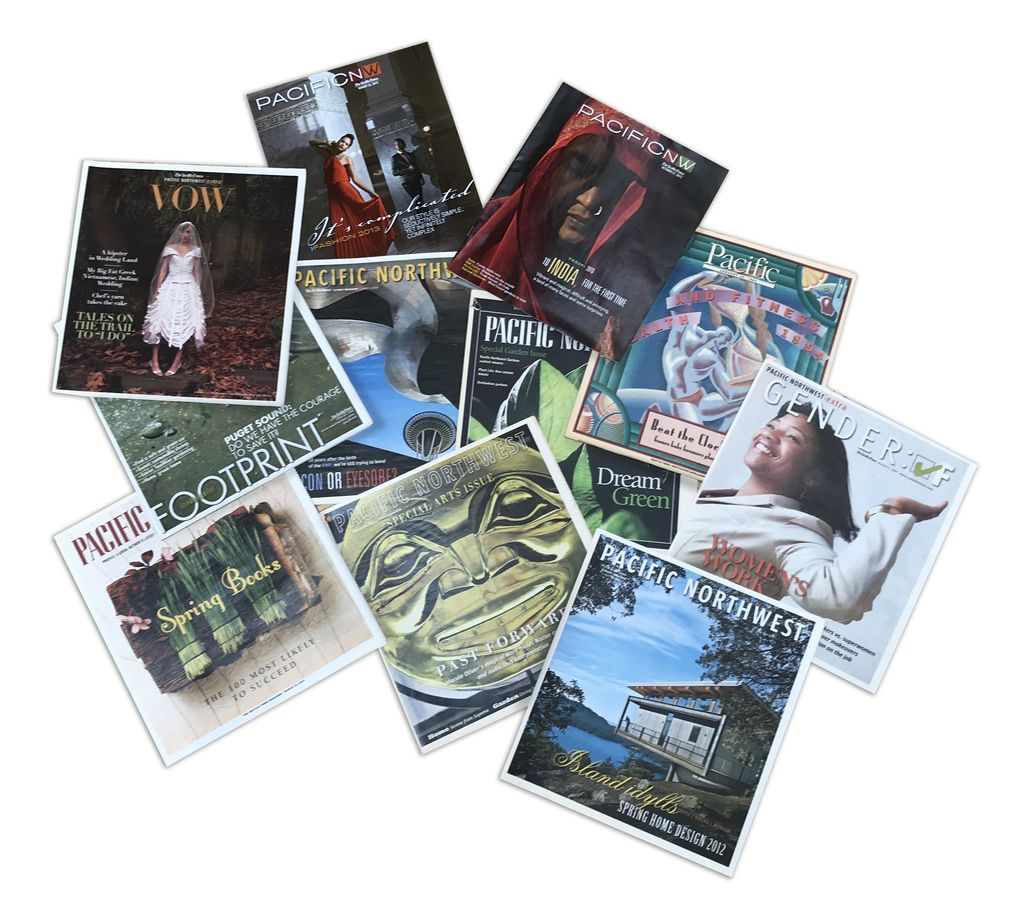 Over the years, Pacific NW regularly published special issues and bonus magazines. Shown here are, from top, Fall Fashion; Travel; Health and Fitness; Gender: F; Spring Home Design; Arts; Spring Books; Footprint (a quarterly Green Issue); Vow (weddings); Architecture; and our annual Outdoor Living issue. (David Miller / Pacific NW magazine art director)