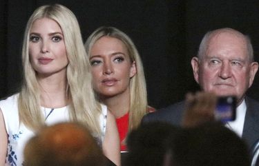 Ivanka Trump, the daughter and senior adviser to the President, second from left, and White House Chief of Staff Mark Meadows, right, and members of the White House staff, listen as President Trump speaks during the first day of the Republican National Convention Monday, Aug. 24, 2020, in Charlotte, N.C. (Travis Dove/The New York Times via AP, Pool) WX238 WX238