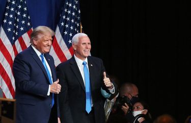 President Donald Trump and Vice President Mike Pence attend opening day of the Republican National Convention at the Charlotte Convention Center in Charlotte, N.C., Monday, Aug. 24, 2020.  (Travis Dove/The New York Times) 