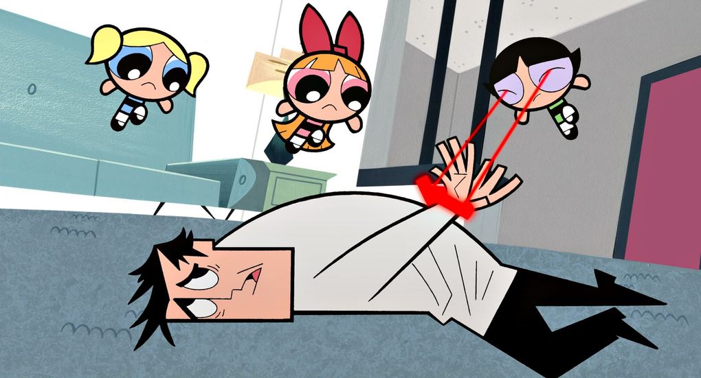 Superhero sisters Bubbles (blue), Blossom (pink) and Buttercup (green) save Professor Utonium in Cartoon Network’s “The Powerpuff Girls Movie.” (Warner Bros.)