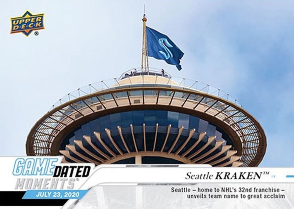 The Seattle Kraken flag flies atop the Space Needle on Upper Deck’s Seattle Kraken hockey card, the franchise’s first card. (Courtesy of Upper Deck)
