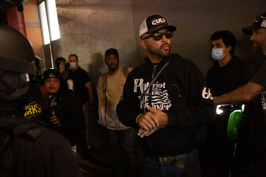 Joey Gibson, the leader of the Patriot Prayer group, argues Sarurday with protesters in downtown Portland. (Mason Trinca / The New York Times)