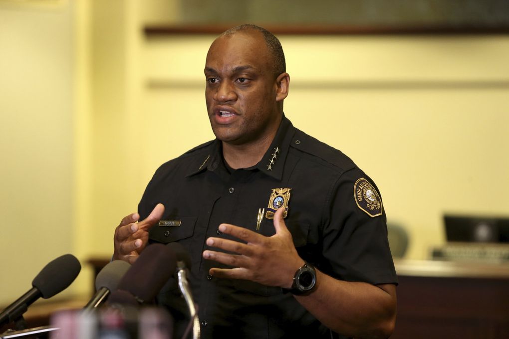 Portland police Chief Chuck Lovell calls for an end to violence in the city during a news conference Sunday, a day after a demonstrator was shot and killed in downtown Portland. (Sean Meagher / The Oregonian)
