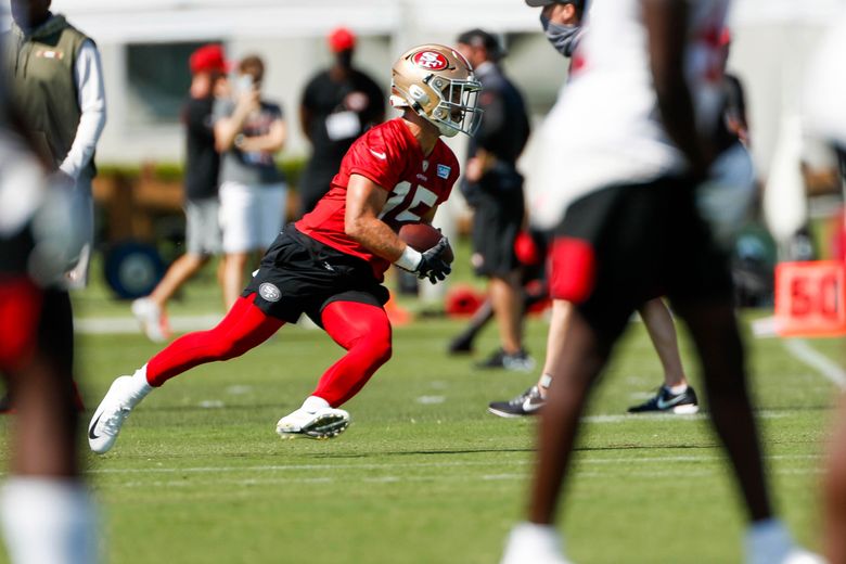 San Francisco 49ers wide receiver Jalen Hurd takes part in drills