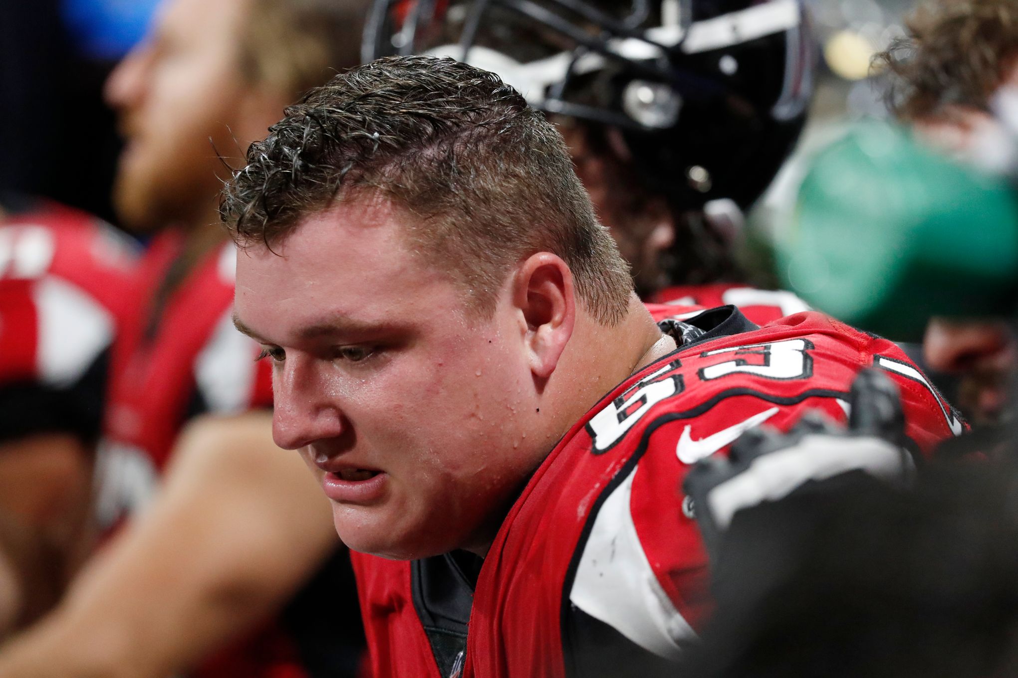 Atlanta Falcons guard Chris Lindstrom (63) on the sideline against