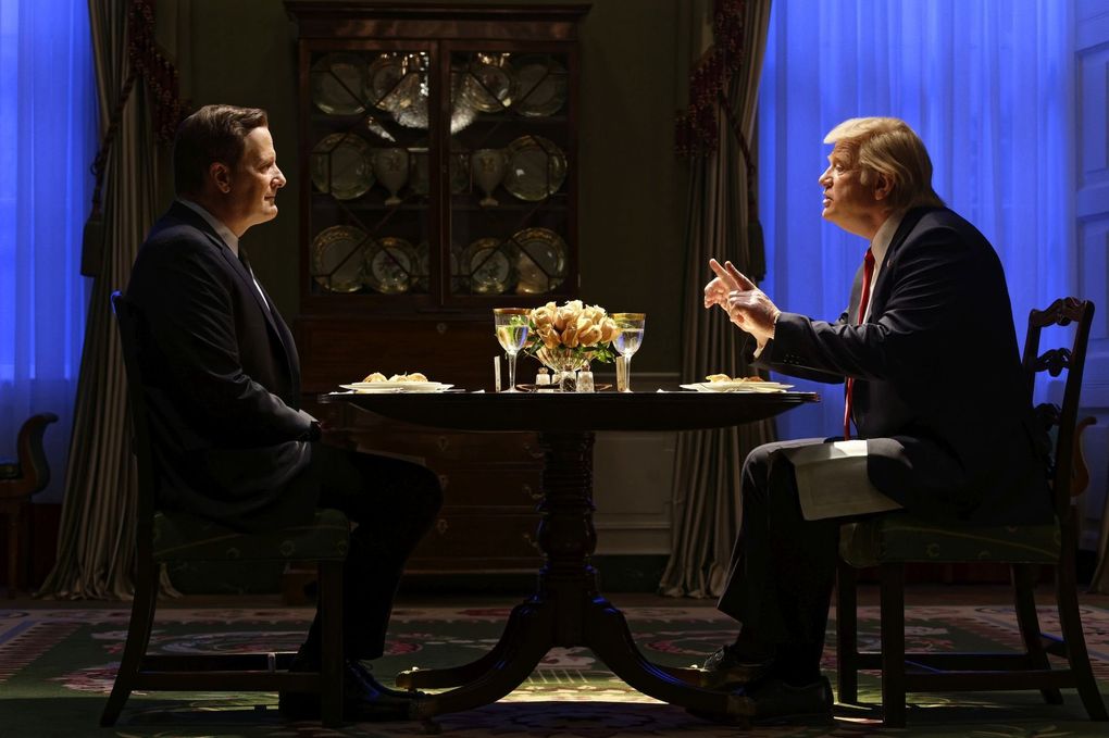 Jeff Daniels, left, as James Comey and Brendan Gleeson as President Donald Trump in “The Comey Rule.” (Ben Mark Holzberg / CBS)