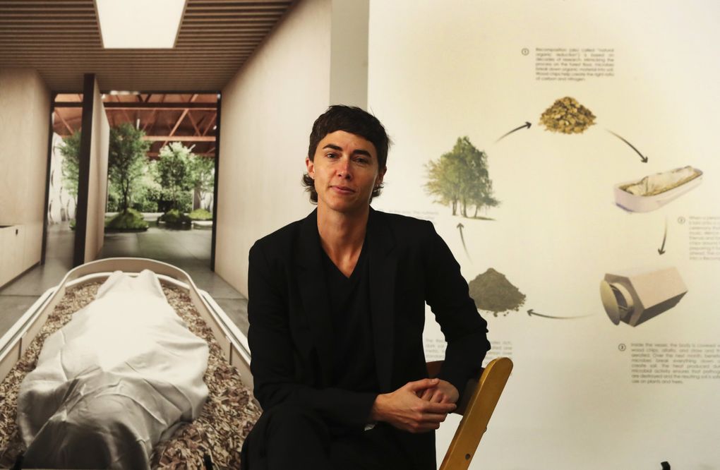 Katrina Spade, founder and CEO of Recompose, in 2019 at the Sodo warehouse that had been planned as the company’s first, flagship space. COVID economics and increased buildout costs led Recompose to move to a smaller space in Kent, with an accelerated timeline for opening — this November. (Ken Lambert / The Seattle Times)