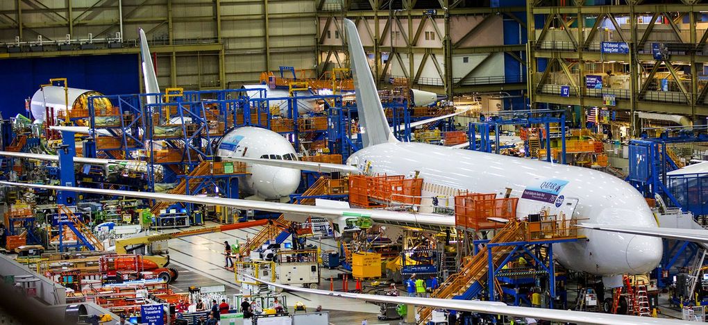 Boeing 787s in various stages of completion at the final assembly line in Everett. (MIke Siegel / The Seattle Times, file)
