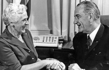 President Johnson poses for a photo to boost Julia Butler Hansenâ€™s re-election bid in 1964. (White House photo)