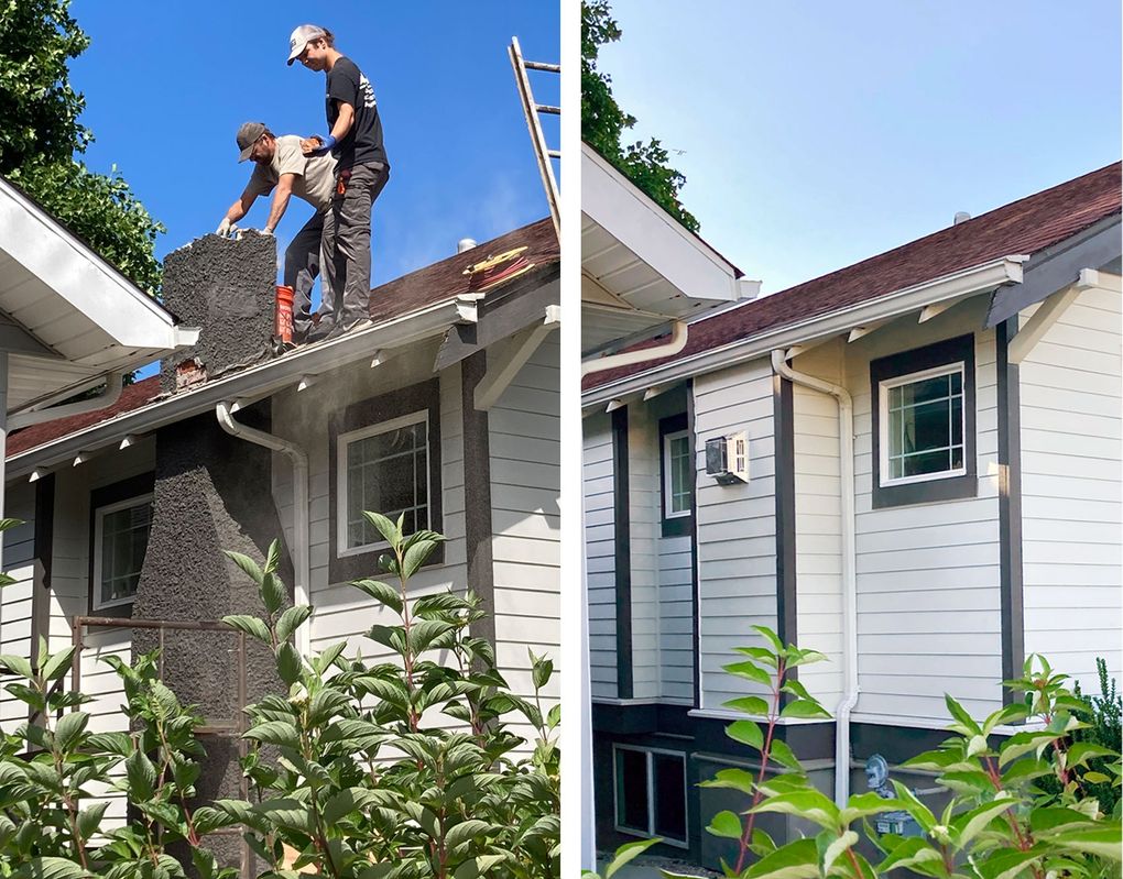 Seattleite Rachel Dalley had a crumbling 1918-era chimney removed (left) and replaced with a bump-out that accommodates a new gas insert with a modern venting system (right). (Courtesy of Rachel Dalley)